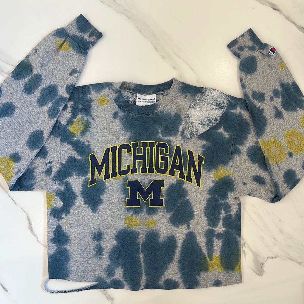 Champion Tie-Dye Blue/Gold U of Michigan Inspired Cropped Sweatshirt